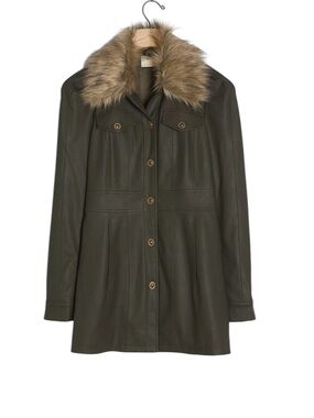 Anthropologie Maeve Kellie Faux Leather Coat Green Faux Fur Collar 4